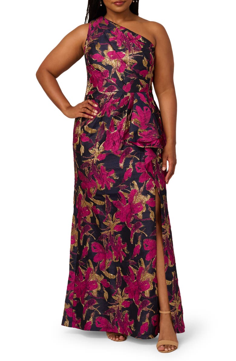 Adrianna Papell Metallic Floral Jacquard Mermaid Gown, Main, color, Navy/ Pink