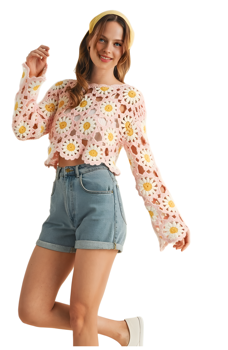 Knit and Lounge Crochet Daisy Bell Sleeve Top, Alternate, color,