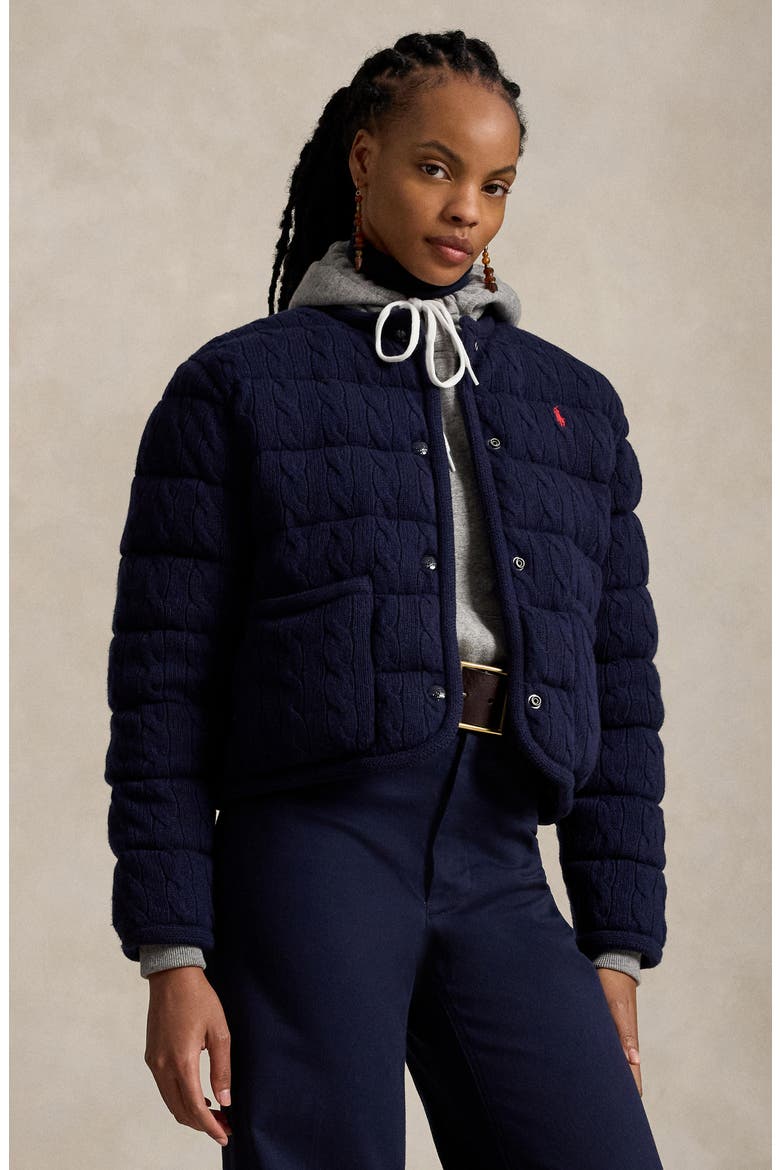 Padded Cable Stitch Wool & Cashmere Puffer Jacket, Alternate, color, HUNTER NAVY