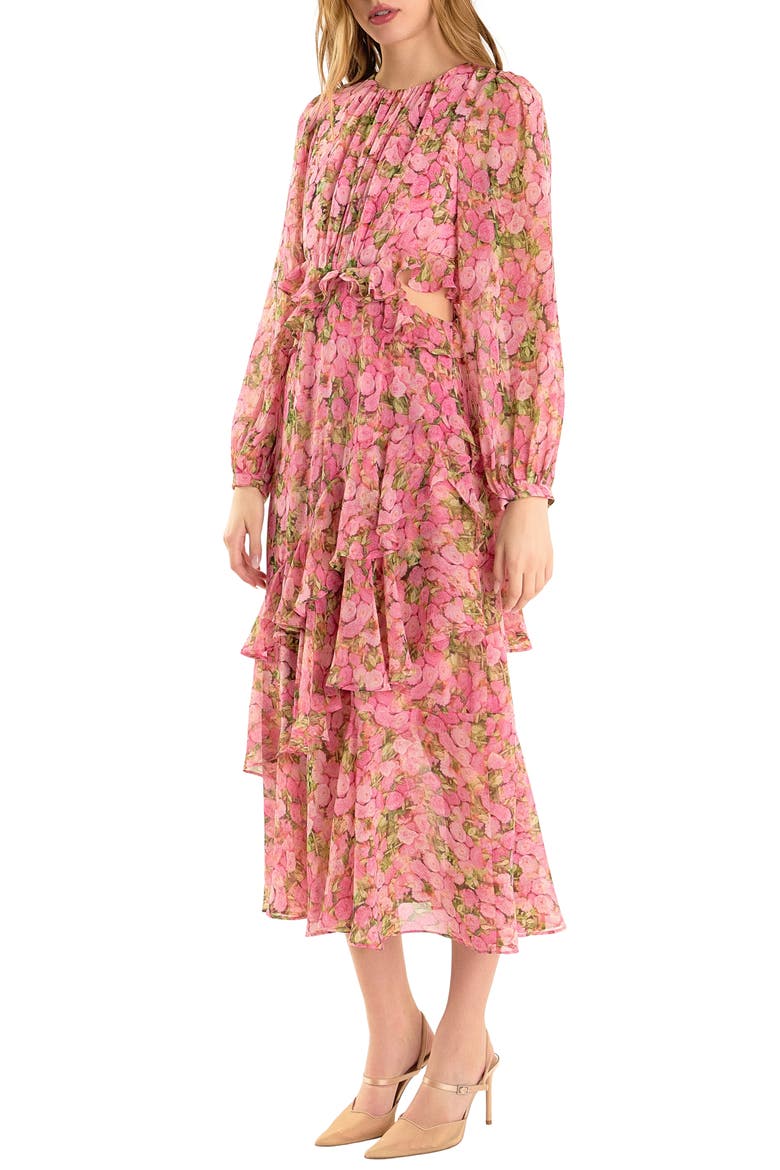 Floral Long Sleeve Waist Cutout Chiffon Dress, Alternate, color, PINK MULTI