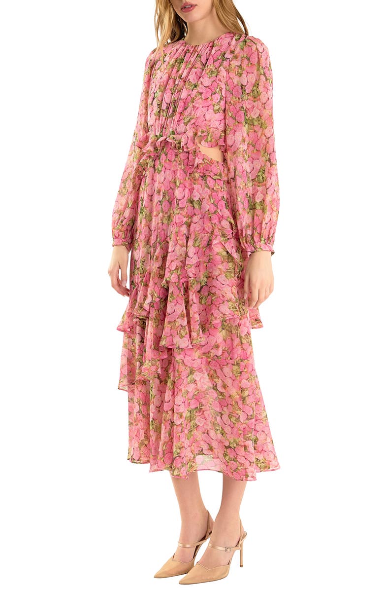 Endless Rose Floral Long Sleeve Waist Cutout Chiffon Dress, Alternate, color,