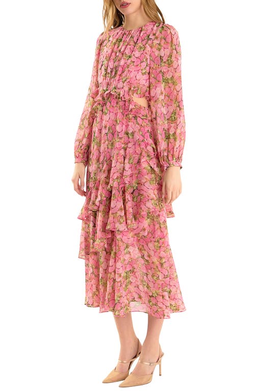 Endless Rose Floral Print Tiered Ruflle Long Sleeve Maxi Dress In Pink Multi