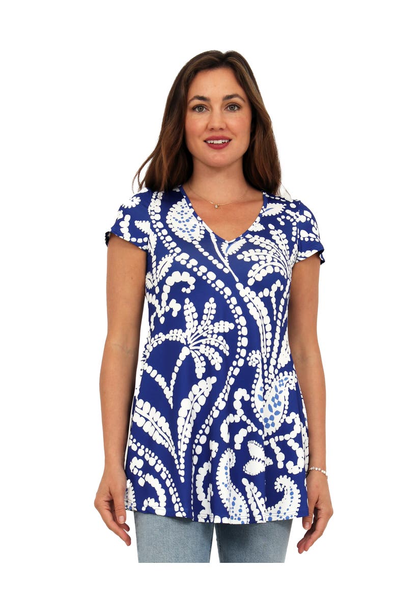 Basic Paisley Print V-Neck Short Sleeve Flared Tunic Top, Main, color, Blue Multi