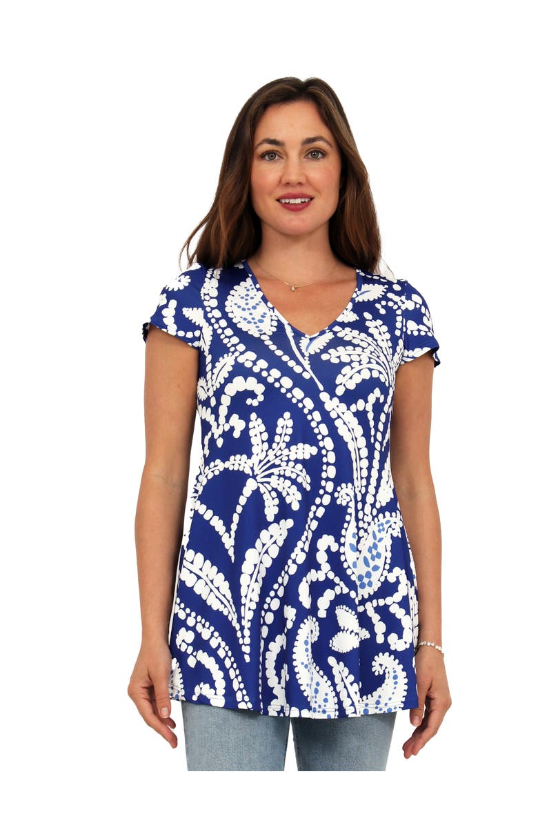 24seven Comfort Apparel Basic Paisley Print V-Neck Short Sleeve Flared Tunic Top, Main, color, Blue Multi