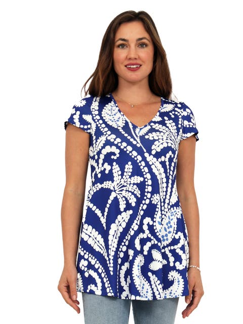 Basic Paisley Print V-Neck Short Sleeve Flared Tunic Top