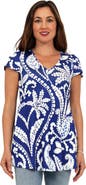 24seven Comfort Apparel Basic Paisley Print V-Neck Short Sleeve Flared Tunic Top
