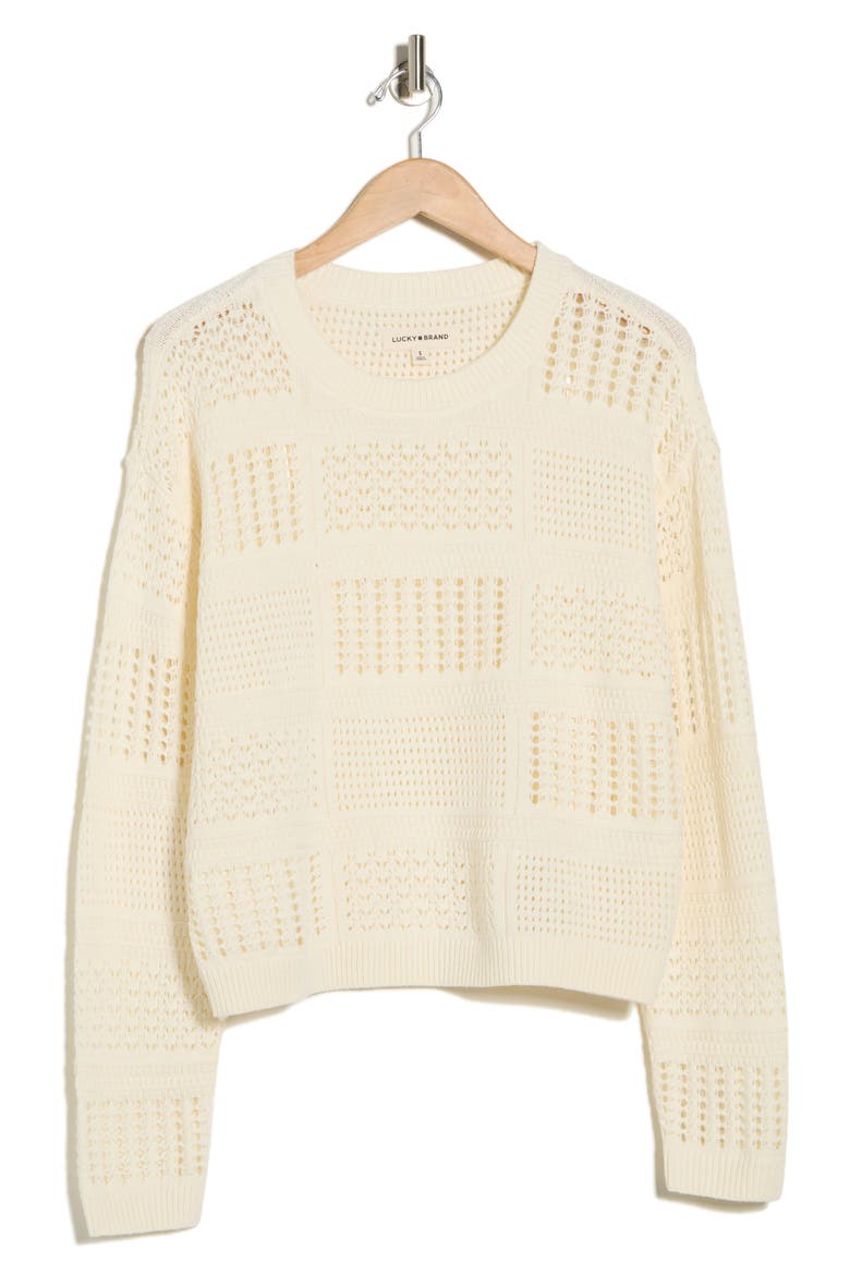 Long Sleeve Pointelle Crewneck Sweater, Alternate, color, GARDENIA