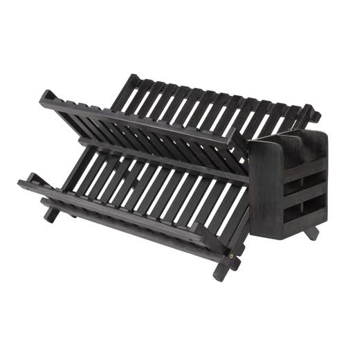 Jonathan Y Designs Arlen Farmhouse Foldable 2-tier Dish Drying Rack With Detachable Utensil Holder In Black