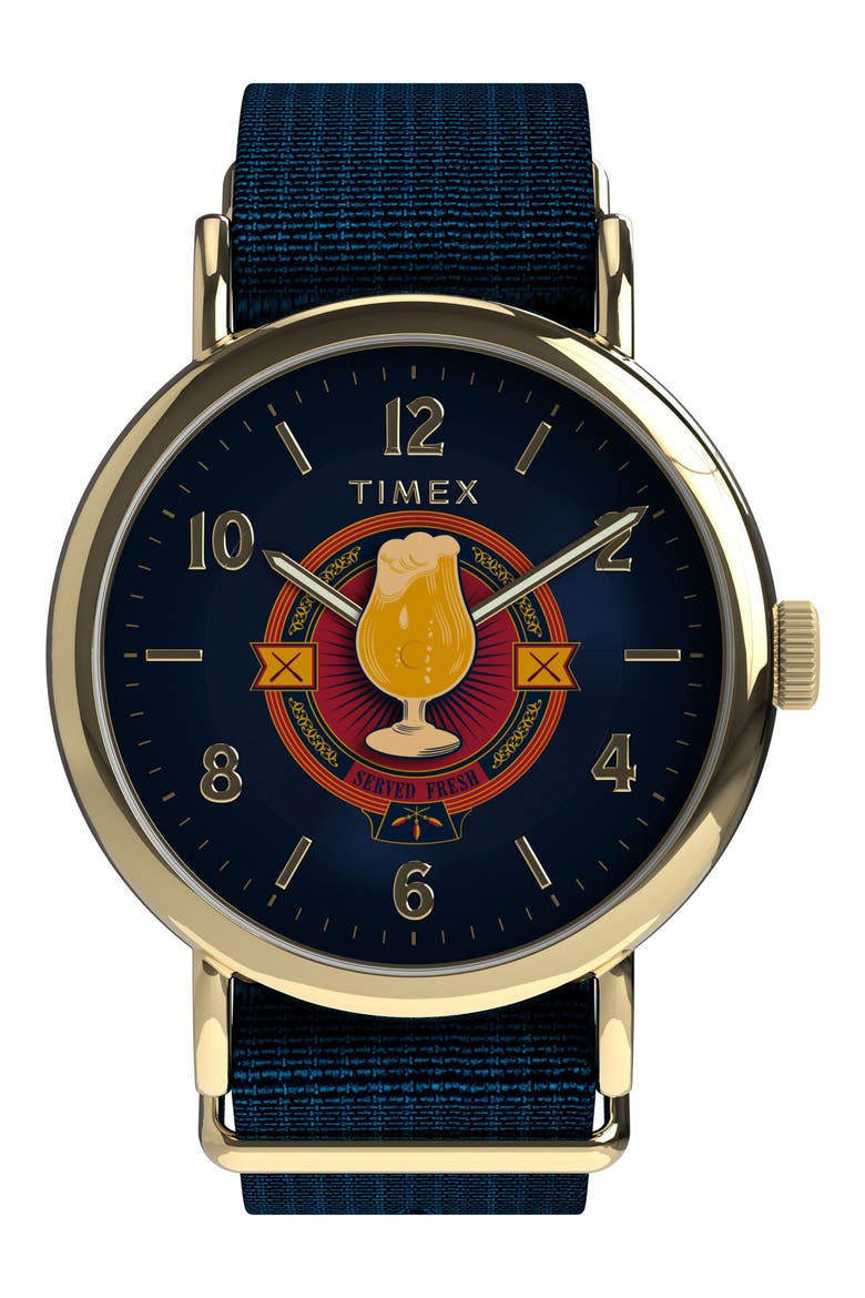 Harry Potter x Timex Weekender Butterbeer 40mm Fabric Strap Watch, Main, color, BLUE/ GOLD-TONE