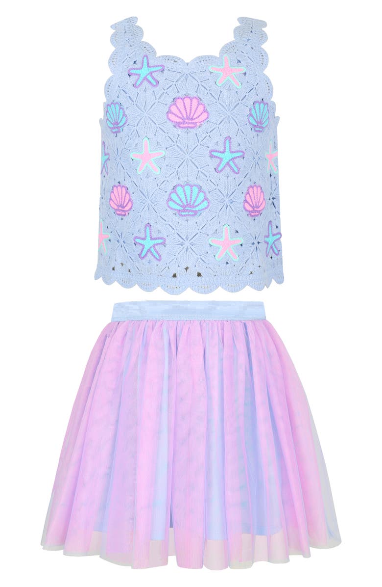 Zunie Kids' Crochet Seashell Sleeveles Top & Tulle Skirt Set, Main, color, Blue