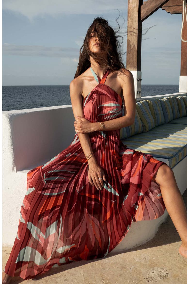 Pleated Halter Cover-Up Maxi Dress, Alternate, color, RED MULTI