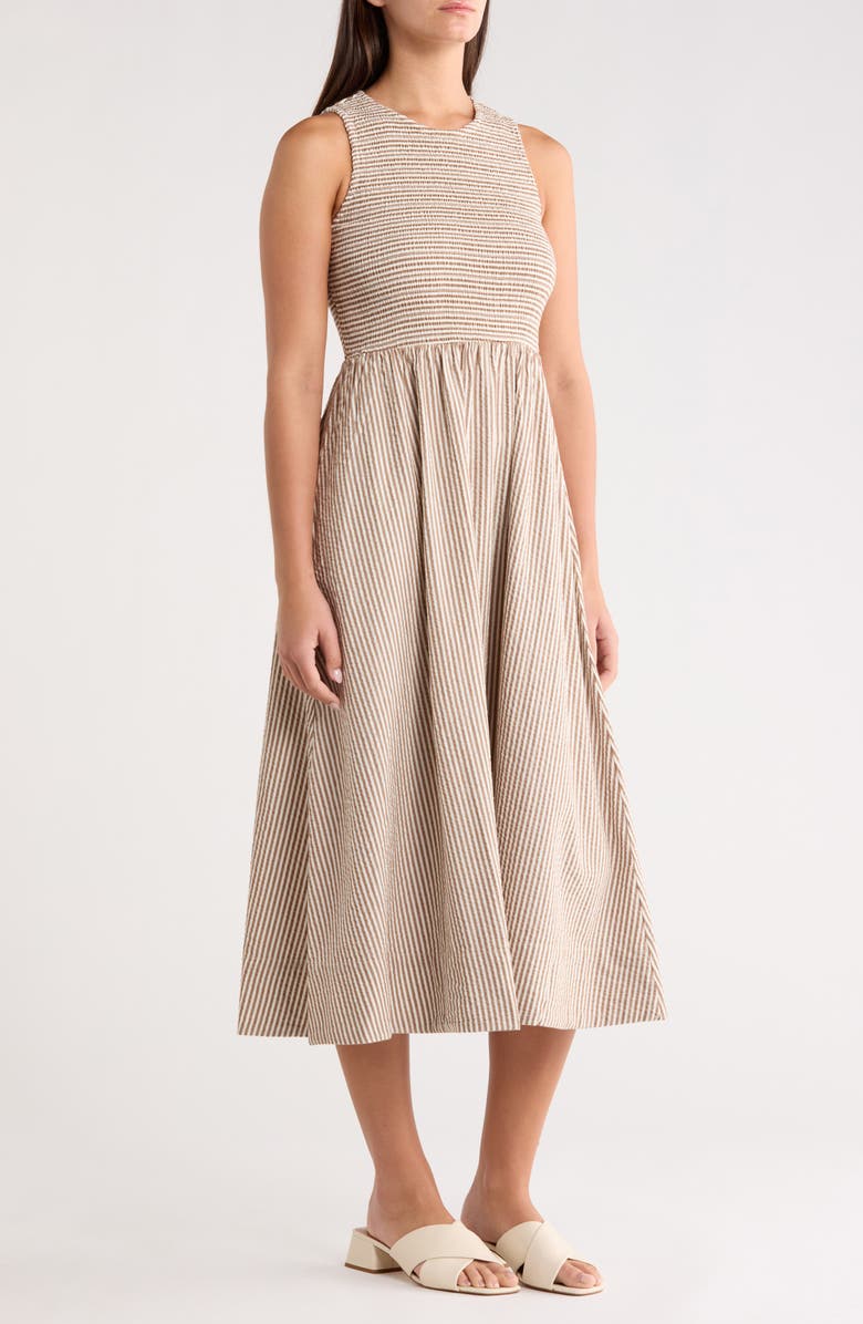 Marine Layer Darcy Stripe Cotton Blend Seersucker Dress, Alternate, color, Mocha Stripe