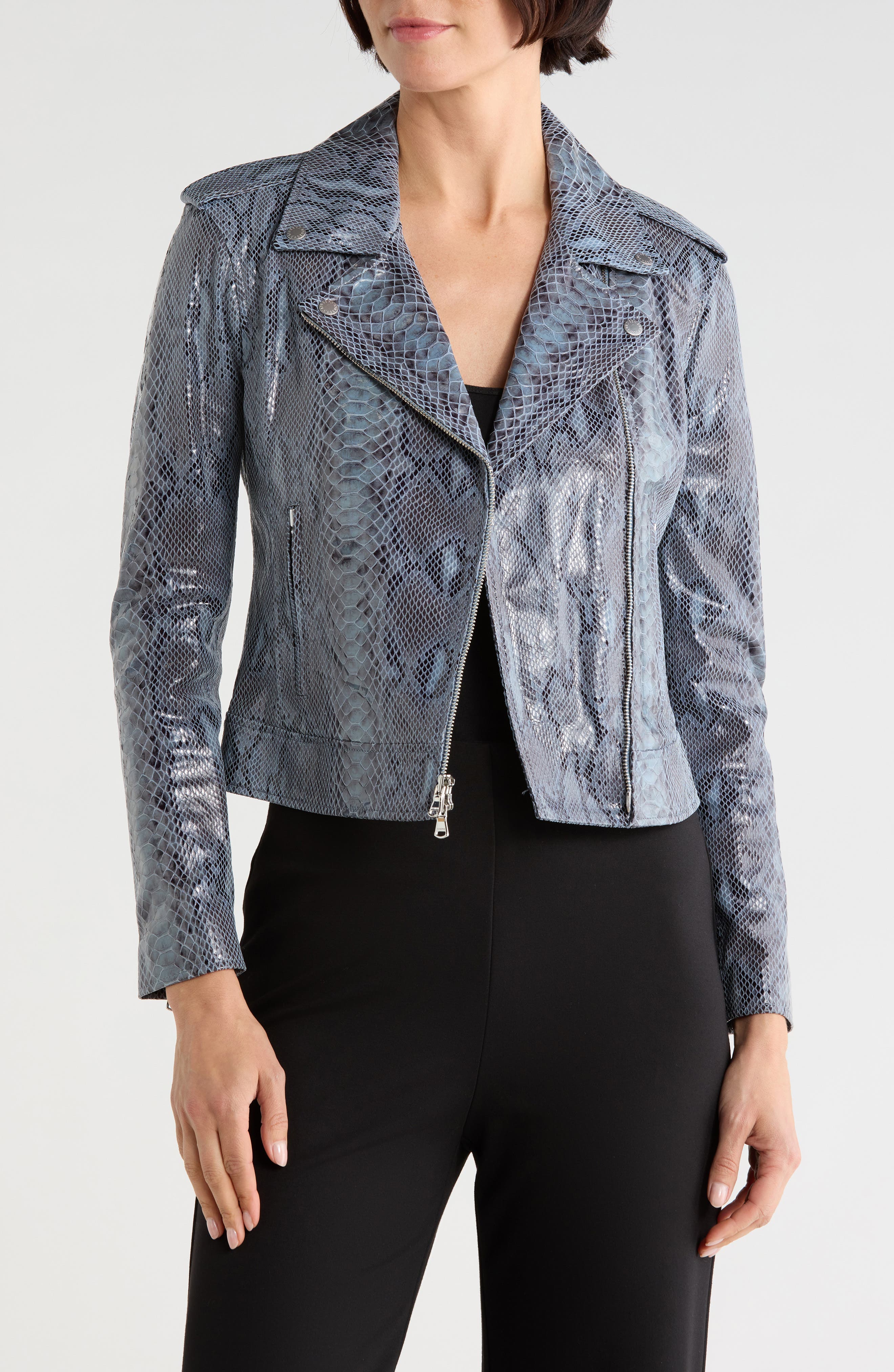 Snakeskin Printed Leather Biker Jacket