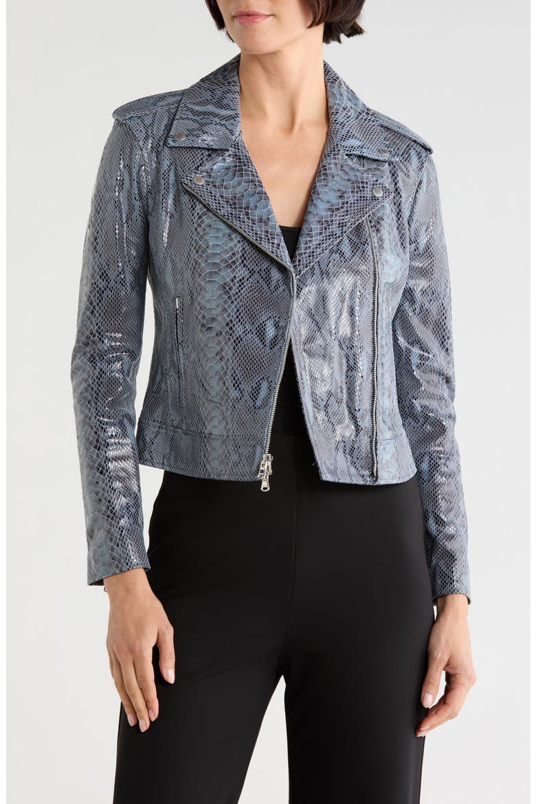 Snakeskin Printed Leather Biker Jacket, Main, color, BLUE SNAKE