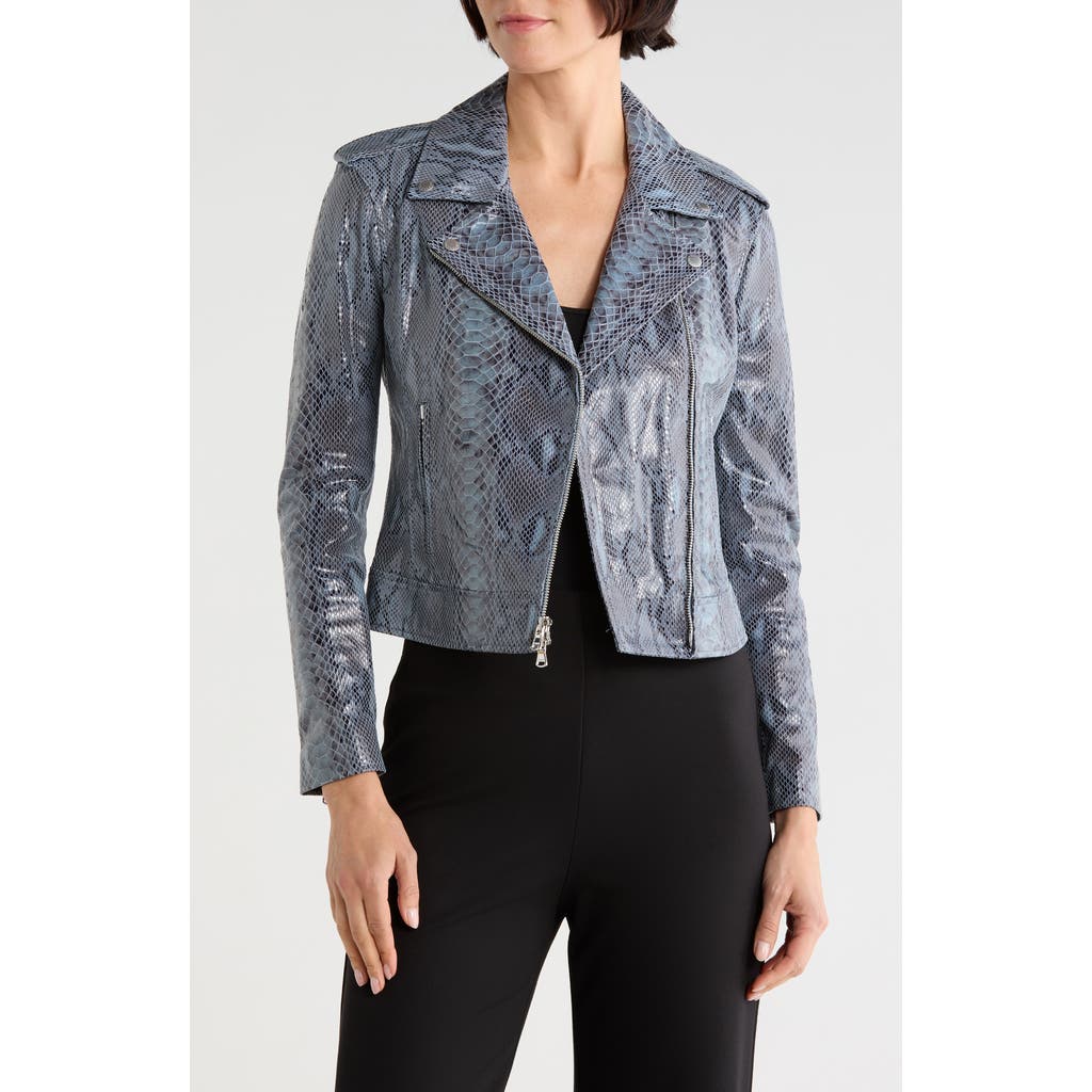 L'agence Snakeskin Printed Leather Biker Jacket In Blue Snake