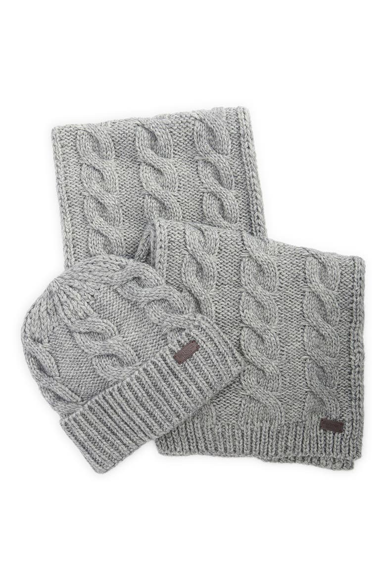Jesmond Cable Stitch Scarf & Beanie Set, Main, color, MID GREY