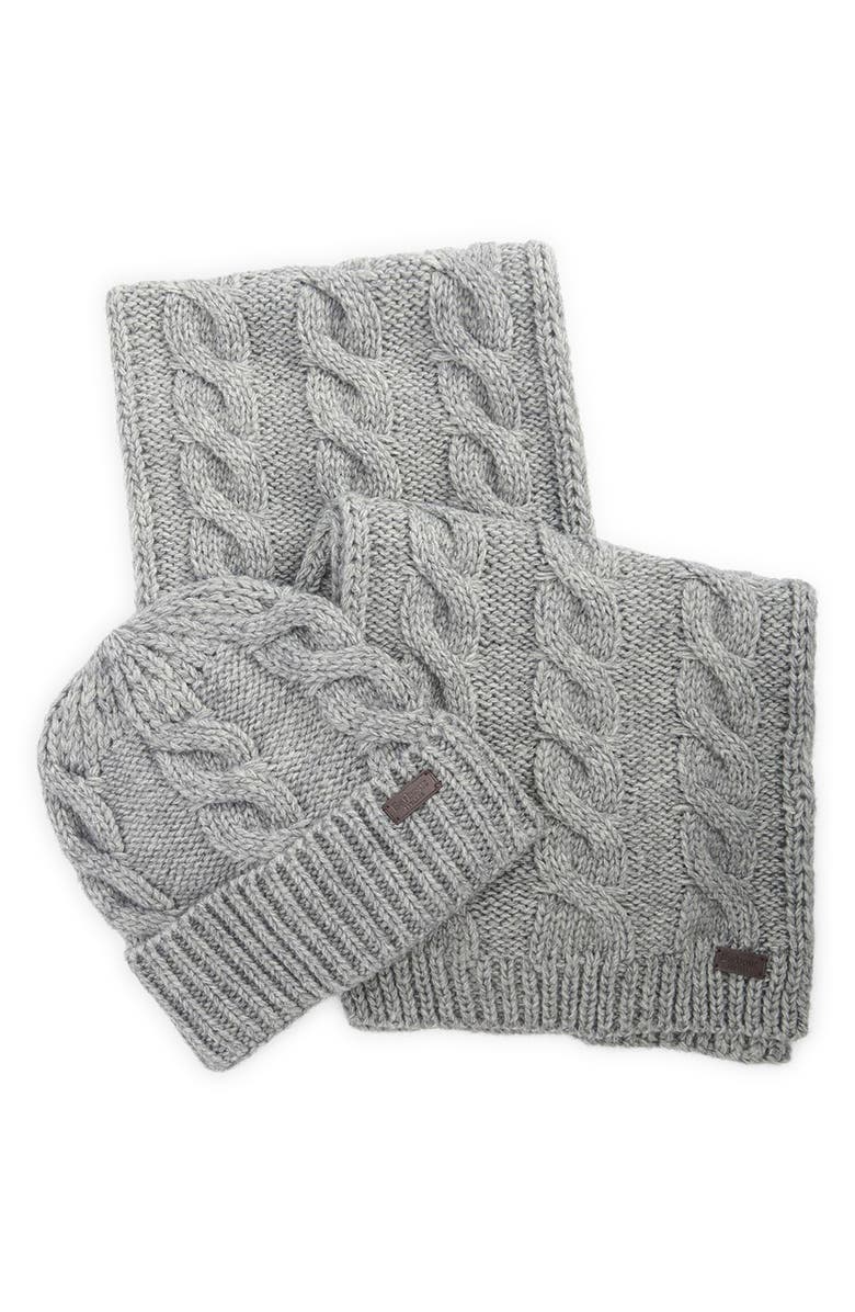 Barbour Jesmond Cable Stitch Scarf & Beanie Set, Main, color, Mid Grey