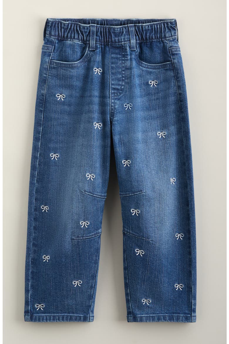 Kids' Bow Embroidered Barrel Jeans, Main, color, MID INDIGO WASH BOWS