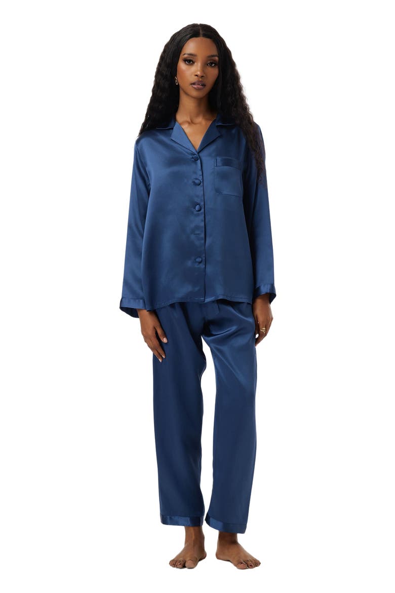 Silk Button Up Collared Women's Pajama Set, Alternate, color, Dark Blue