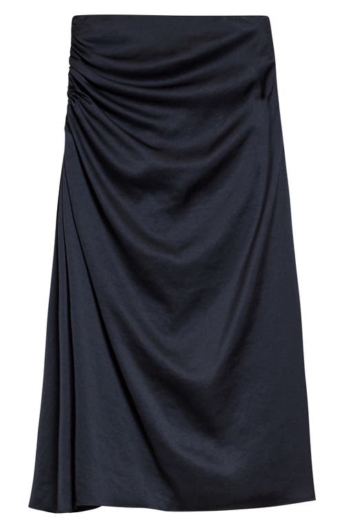 Theory Ruched Midi Skirt In Crushed Satin In Black