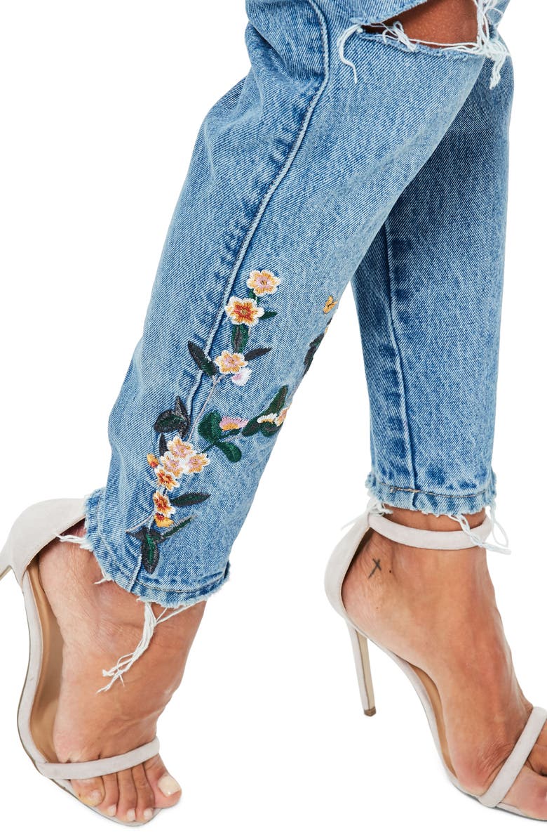 Missguided Riot Ripped High Waist Embroidered Jeans, Alternate, color,