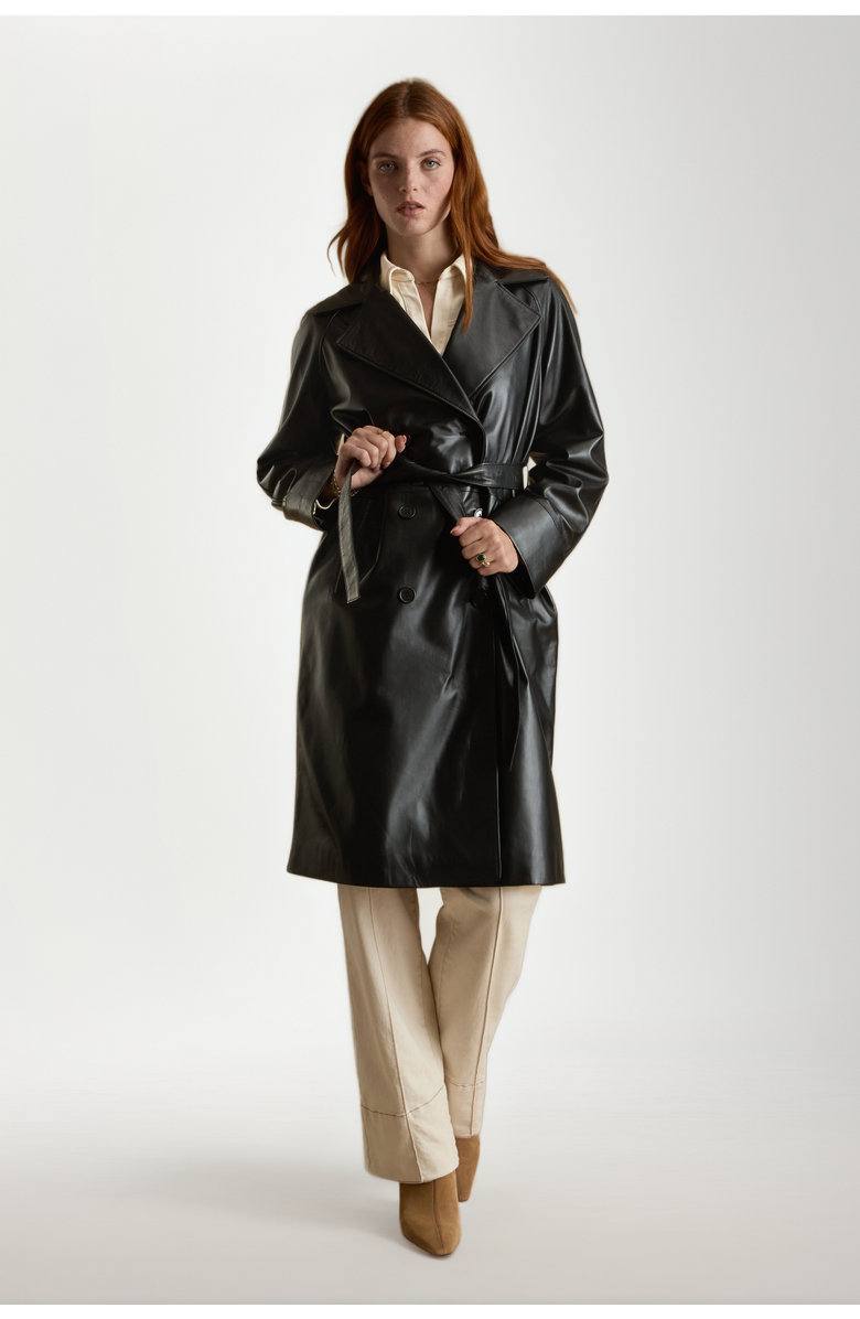 Furniq UK Sloane Leather Trench Coat, Main, color, Black