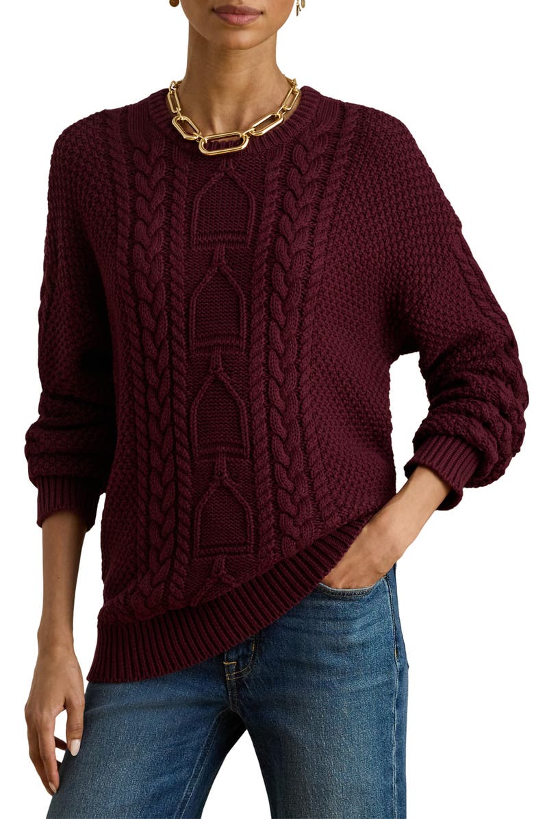 Lauren Ralph Lauren Cabled Cotton Crewneck Sweater, Main, color, Dark Garnet