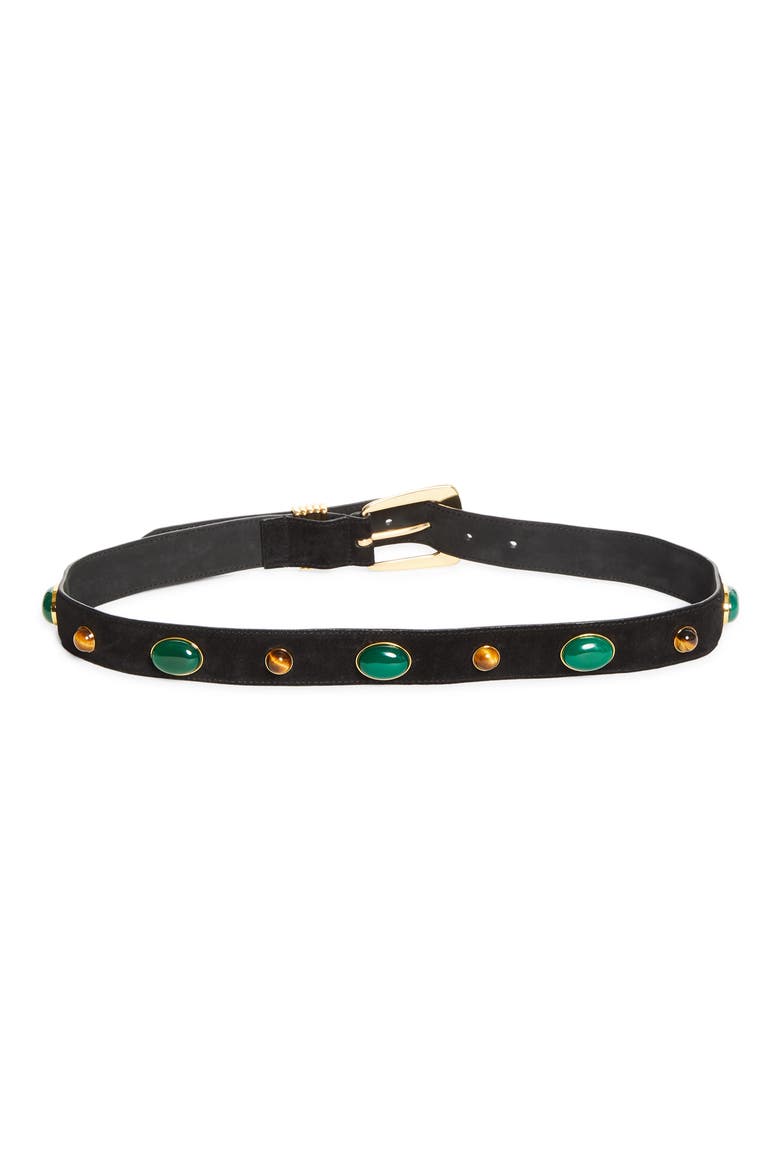 Stone Embellished Leather Arc Belt, Alternate, color, BLACK