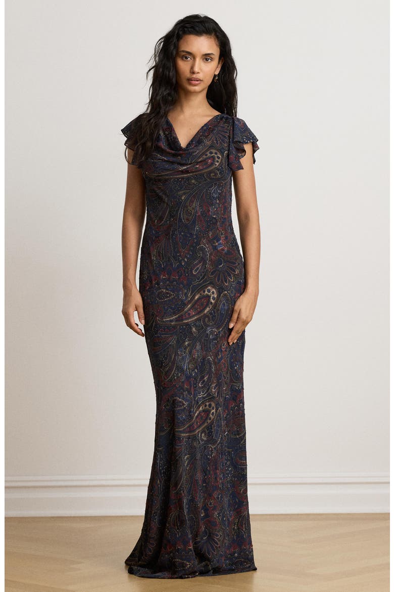Clipped Jacquard Maxi Dress, Alternate, color, NAVY BLUE/ MULTI