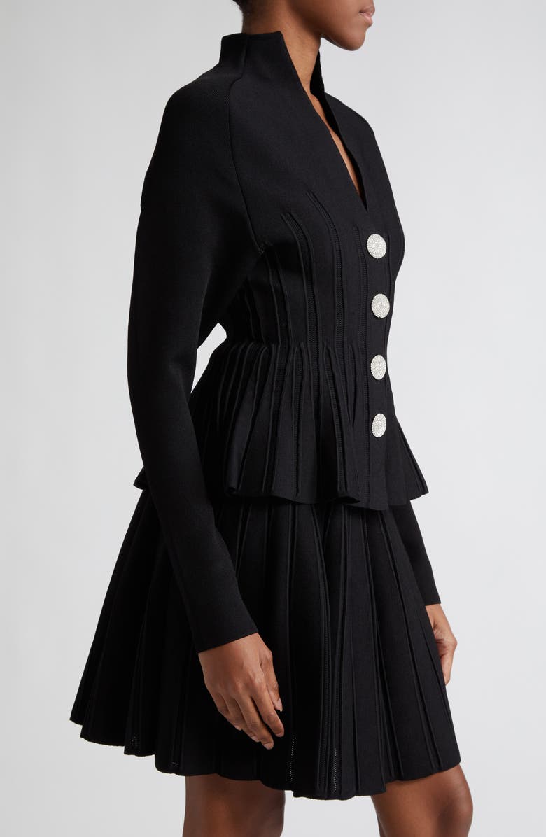 Balmain Crystal Button Peplum Rib Cardigan, Alternate, color,