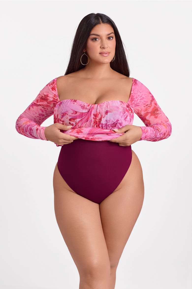 Sculpting Shapewear Shirred Mesh Sweetheart Long Sleeve Mini Dress, Alternate, color, Wild Romance