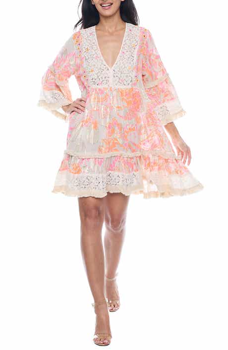 RANEES Plunge Bell Sleeve Minidress