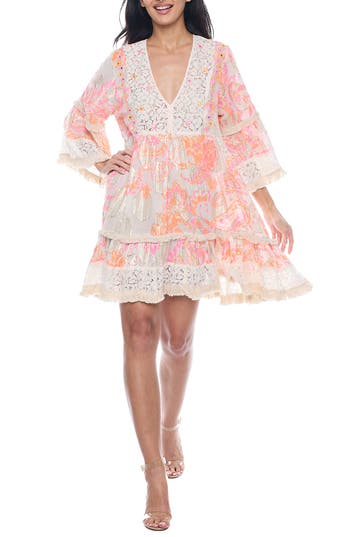 Ranee's Ranees Plunge Bell Sleeve Minidress In Multi