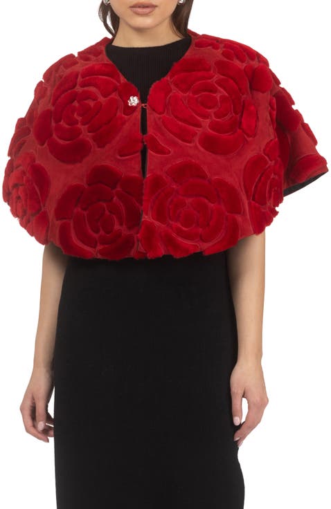 Genuine Shearling/Suede Floral Embroidered Stole Reversible To  Cashmere And Wool Blend