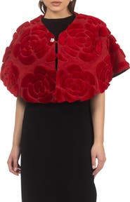 GORSKI Genuine Shearling/Suede Floral Embroidered Stole Reversible To Cashmere And Wool Blend