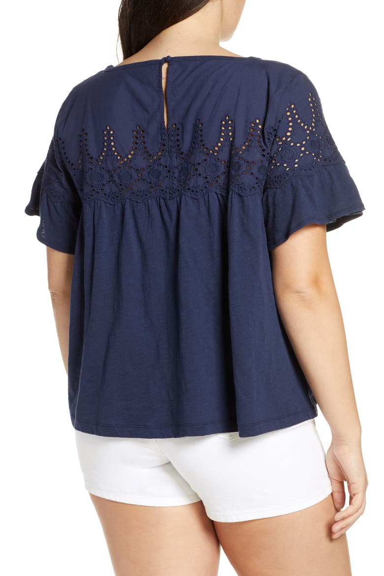 Flutter Sleeve Eyelet Babydoll Top, Alternate, color, NAVY