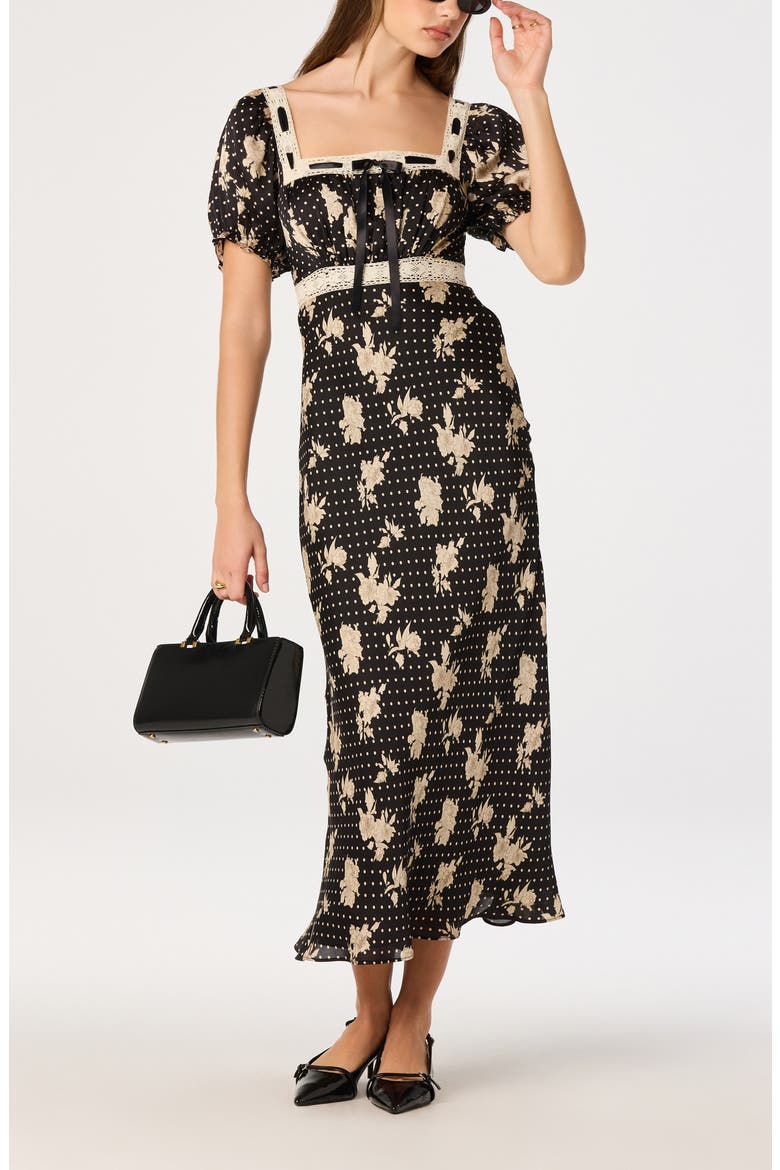 Kim Puffed Sleeve Lace Trimmed Midi Dress, Alternate, color, BLACK POLKA DOT