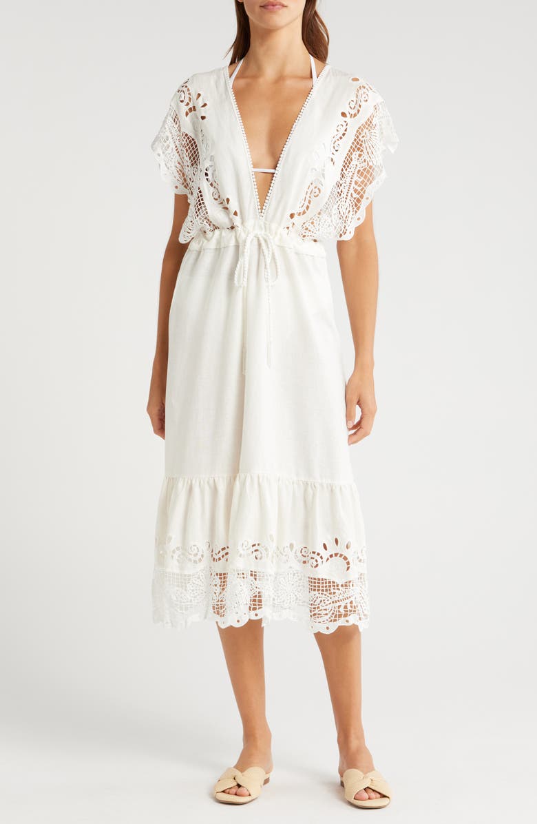 FARM Rio Eyelet Embroidery Linen Blend Cover-Up Dress, Main, color, 
