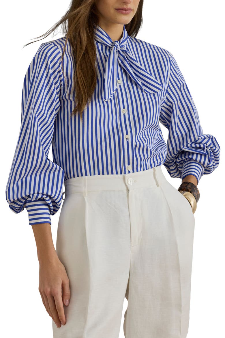 '70s Stripe Cotton Broadcloth Crop Popover Shirt, Main, color, BLUE/ WHITE