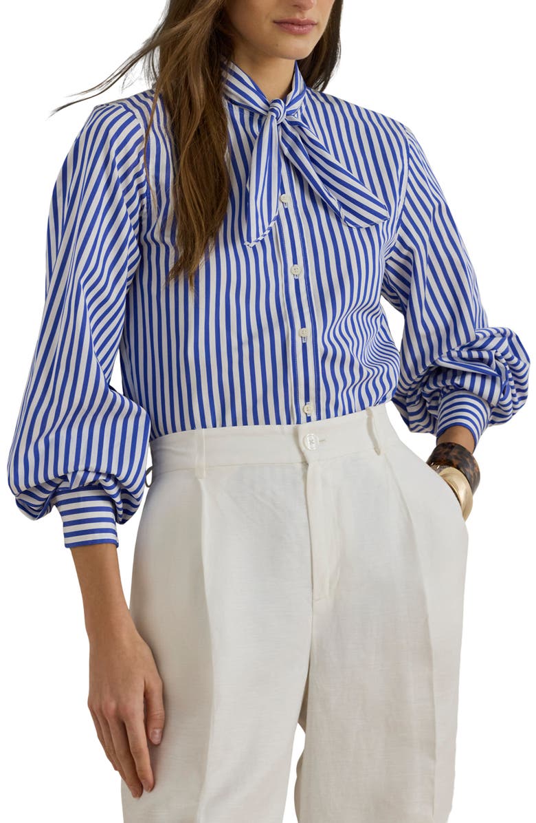 Lauren Ralph Lauren Stripe Tie Neck Cotton Broadcloth Button-Up Shirt, Main, color, Blue/ White