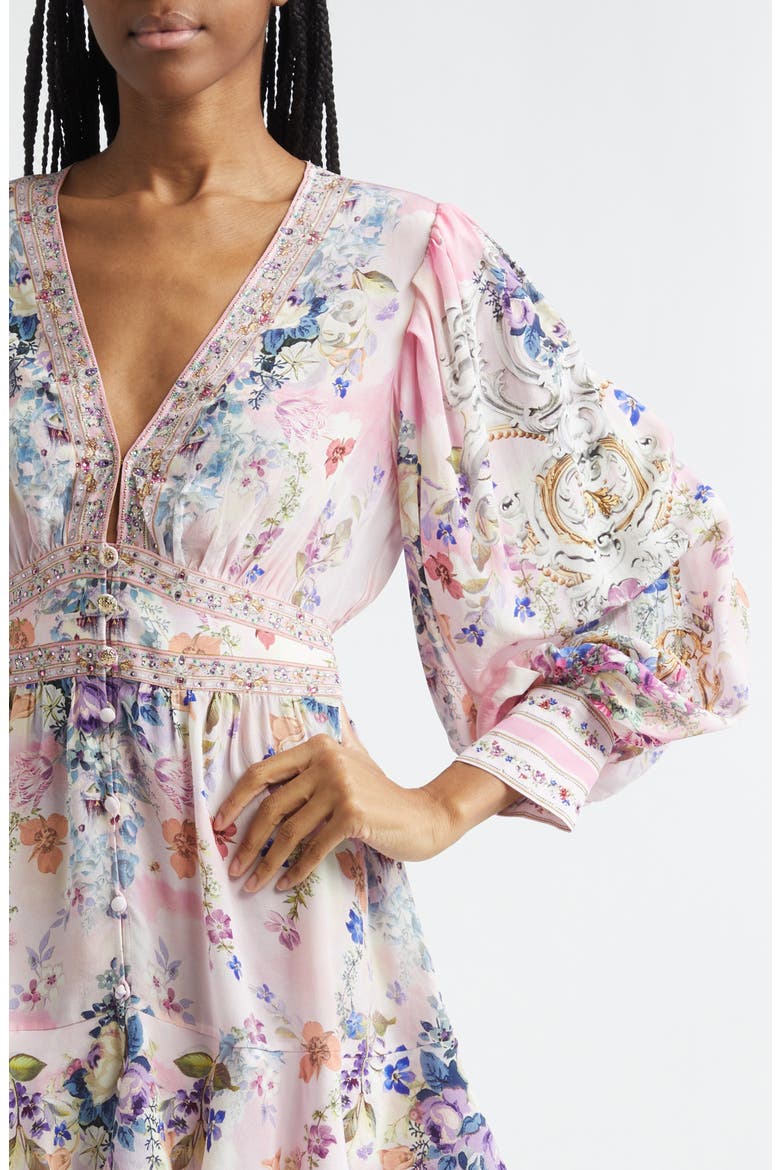 Palatial Pastels Crystal Embellished Long Sleeve Silk Dress, Alternate, color, PALATIAL PASTELS PALAPAST