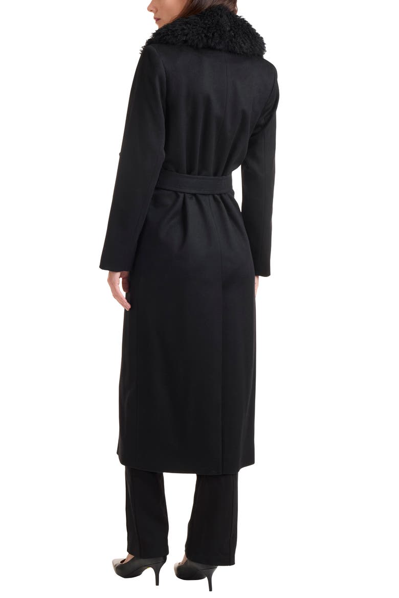 Genuine Shearling Collar Tie Waist Wool & Cashmere Coat, Alternate, color, BLACK