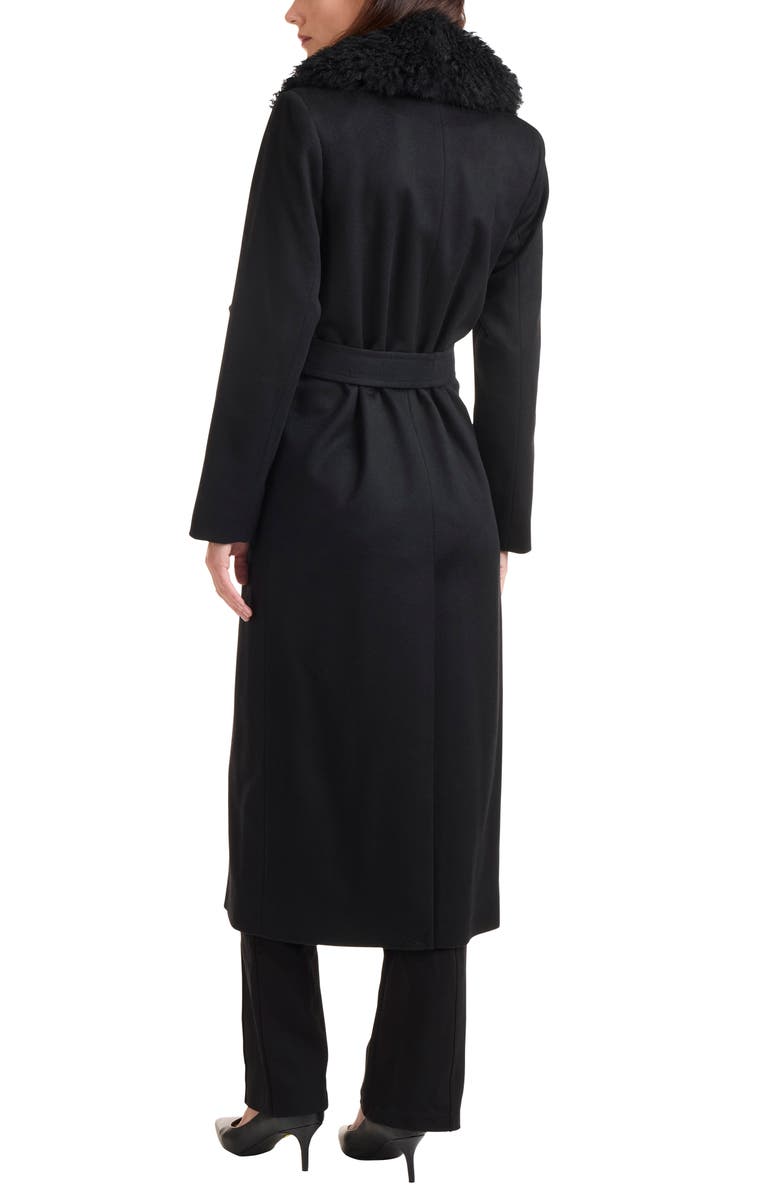 Sofia Cashmere Genuine Shearling Collar Tie Waist Wool & Cashmere Coat, Alternate, color, Black