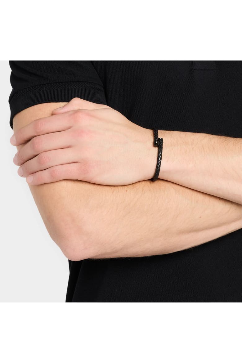 Flexible Braided Leather Bracelet With Stainless Steel End Caps, Alternate, color, BLACK