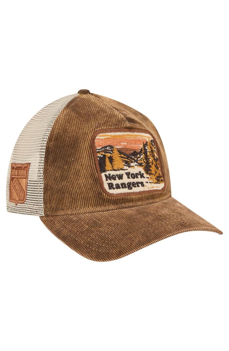 New Era Men's New Era Brown/Cream New York Rangers Vintage Landscape 9TWENTY A-Frame Adjustable Trucker Hat, Main, color, Brown