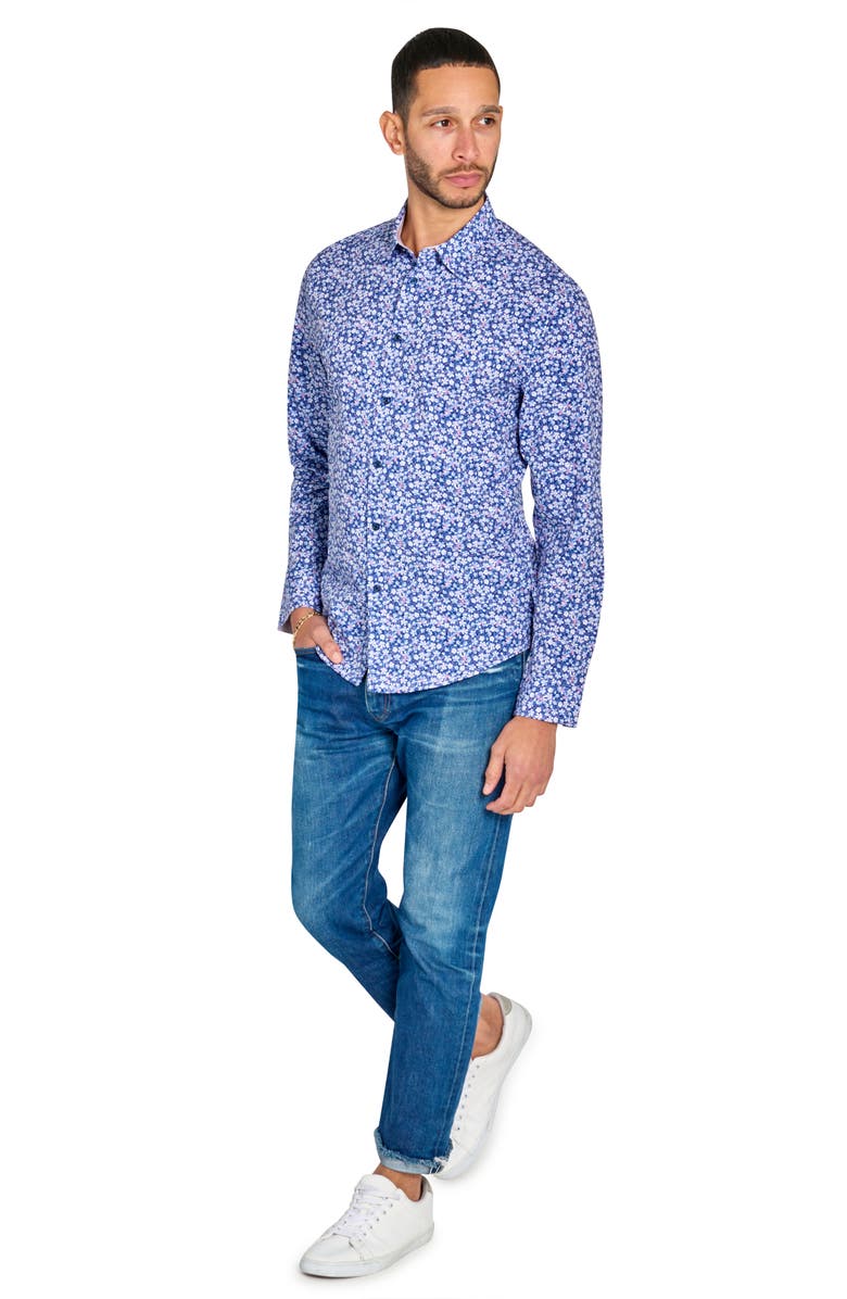 Brooklyn Brigade Slim Fit Mini Floral Recycled 4-Way Stretch Performance Long Sleeve Shirt, Alternate, color, White/Blue