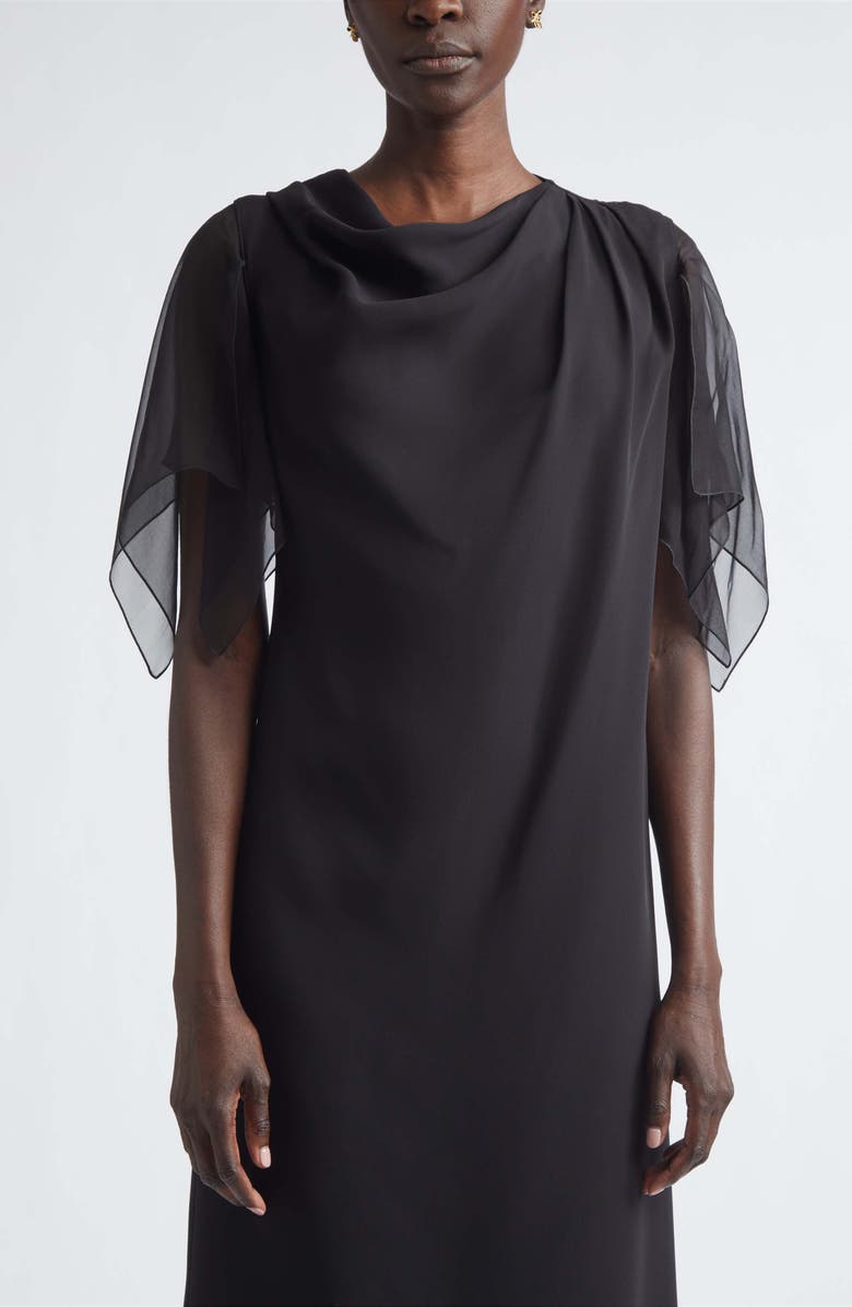 Valentino Draped Silk Cady Couture & Chiffon Midi Dress, Alternate, color, Black