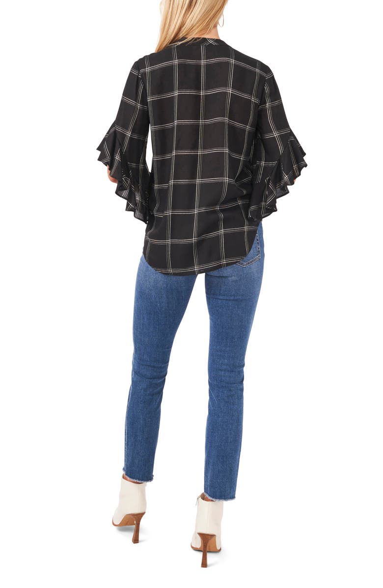 Vince Camuto Windowpane Ruffle Sleeve Popover Top, Alternate, color, Rich Black