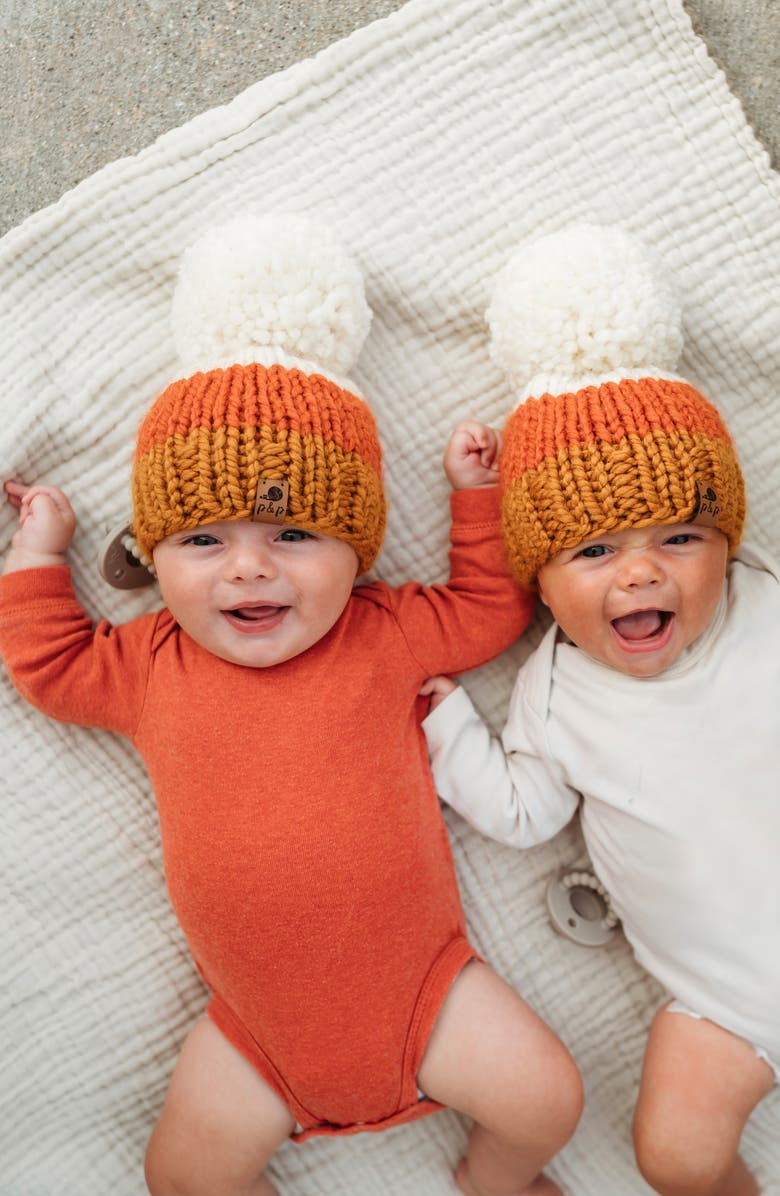 PINE + POPPY Halloween Candy Corn Pompom Hat, Alternate, color,