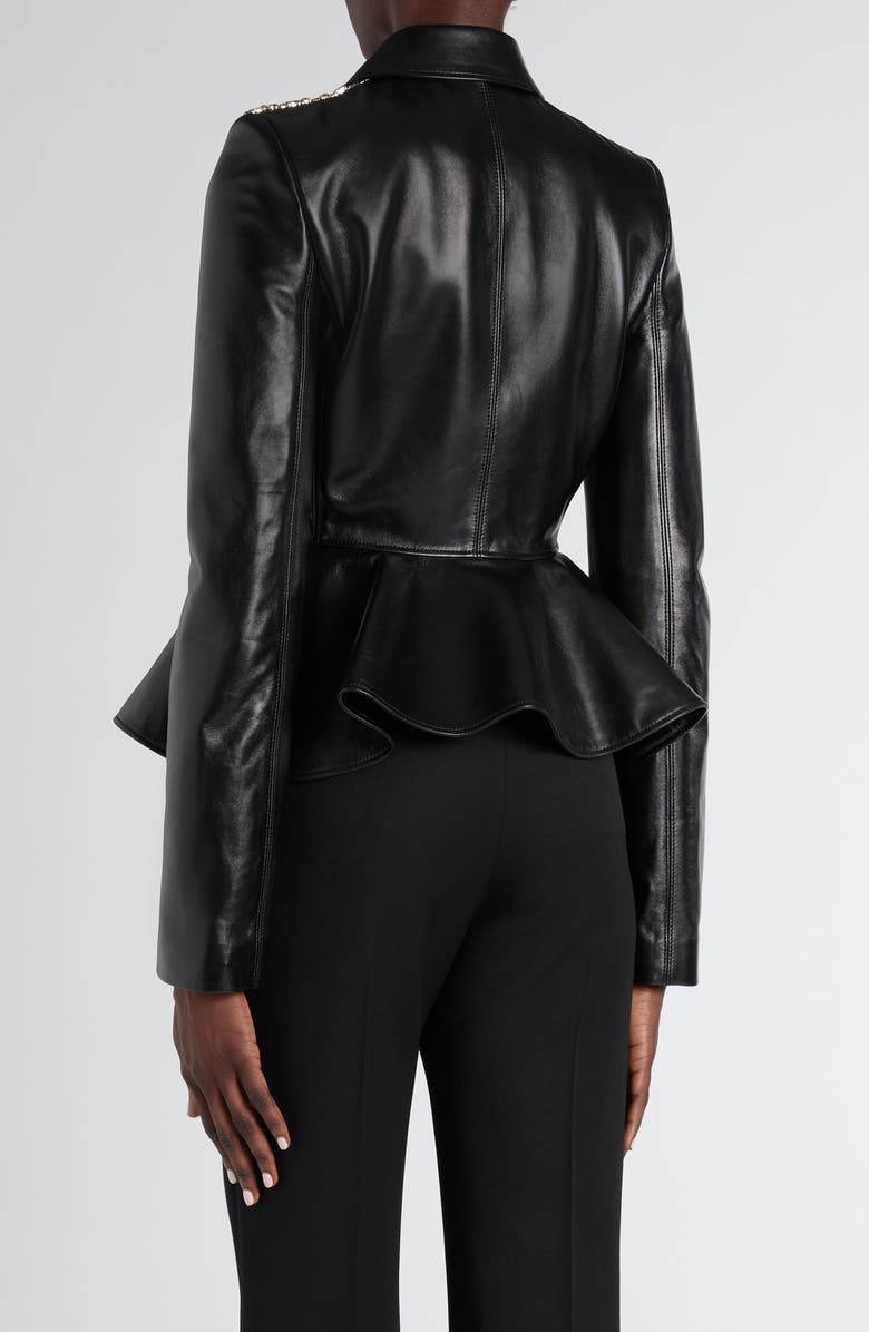 McQueen Crystal Embroidered Leather Peplum Jacket, Alternate, color, Black
